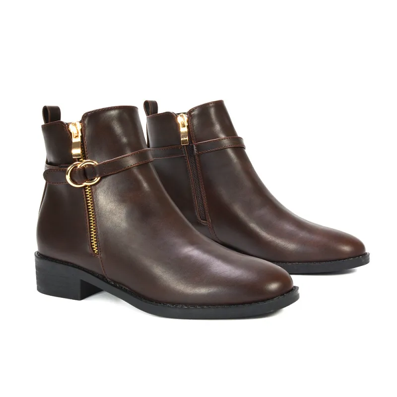 Bella Casual Flat Heel Zip Up Chelsea Ankle Boots in Brown Synthetic Leather sold by XYlondon