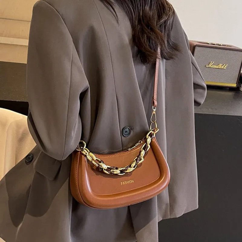 Sasha Women's Gold Chain Shoulder Bag With Crossbody Strap in Tan sold by XYlondon