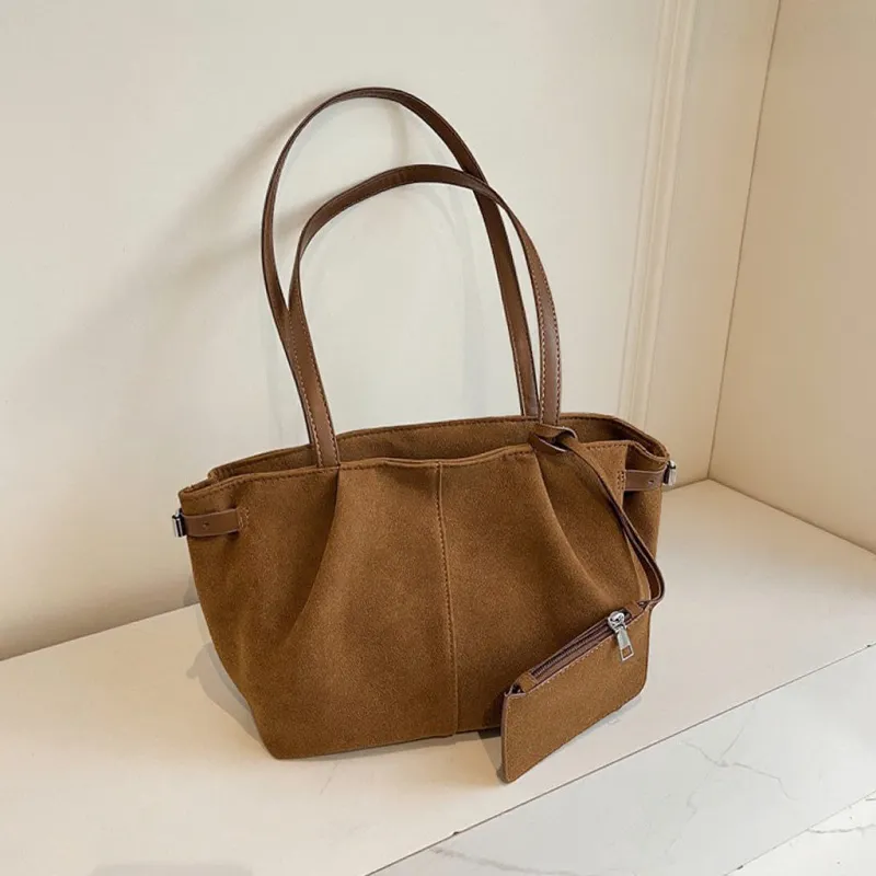 Sonny Elegant Shopper Tote Slouchy Handbag With Matching Pouch in Tan Faux Suede sold by XYlondon
