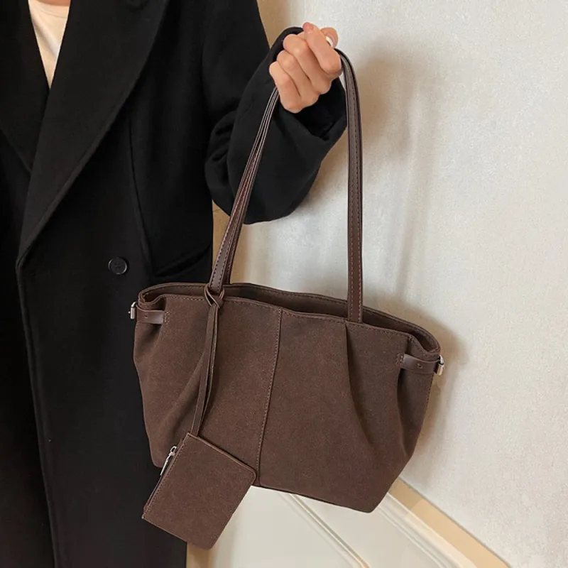 Sonny Elegant Shopper Tote Slouchy Handbag With Matching Pouch in Brown Faux Suede made by XYlondon