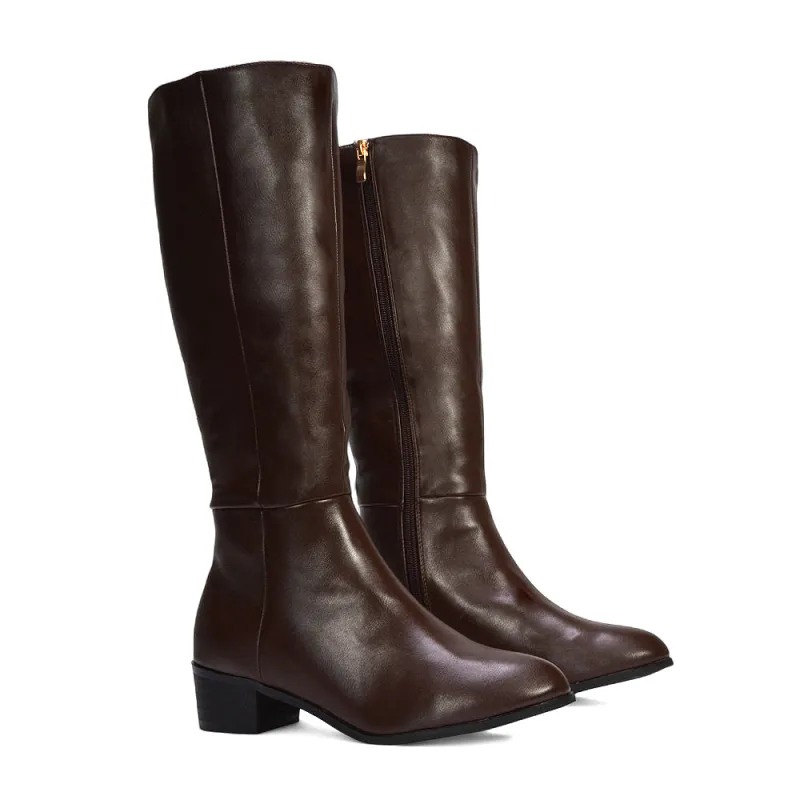 Cassie Low Block Heel Zip Up Knee High Western Boots In Brown Synthetic Leather sold by XYlondon