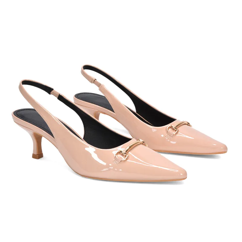 Heather Slingback Kitten Heels Buckle Point Toe Court Shoes in Nude Patent sold by XYlondon