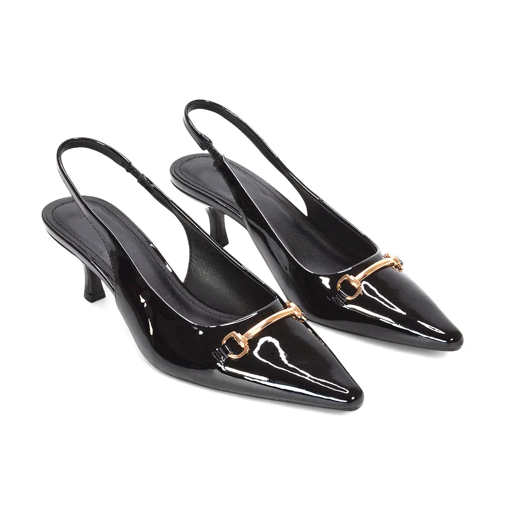 Heather Slingback Kitten Heels Buckle Point Toe Court Shoes in Black Patent sold by XYlondon product image thumbnail 5