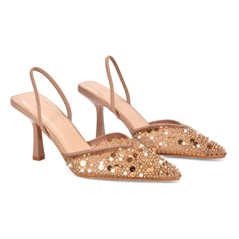 Kelsey Stiletto High Heel Sequin Mesh Pointed Toe Party Court Shoes in Nude sold by XYlondon