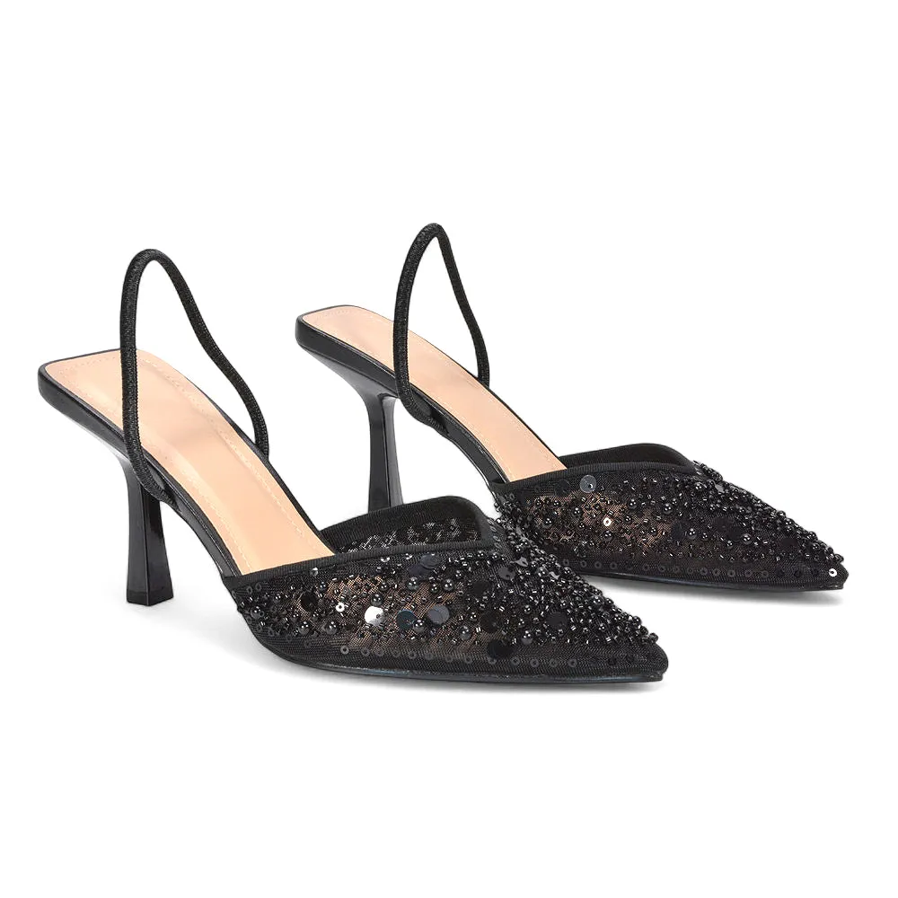 Kelsey Stiletto High Heel Sequin Mesh Pointed Toe Party Court Shoes in Black sold by XYlondon