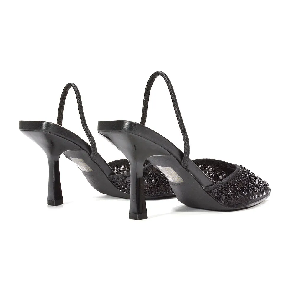 Kelsey Stiletto High Heel Sequin Mesh Pointed Toe Party Court Shoes in Black sold by XYlondon product image thumbnail 4