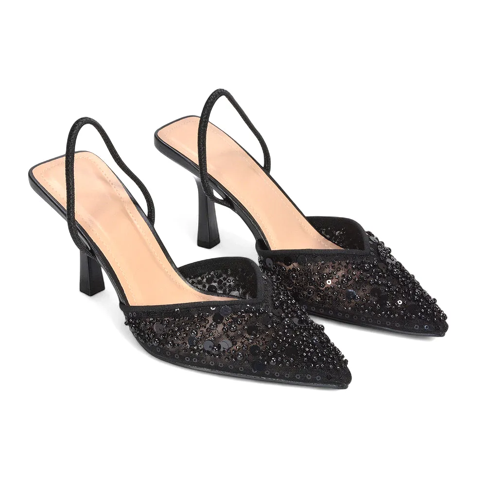 Kelsey Stiletto High Heel Sequin Mesh Pointed Toe Party Court Shoes in Black sold by XYlondon product image thumbnail 5