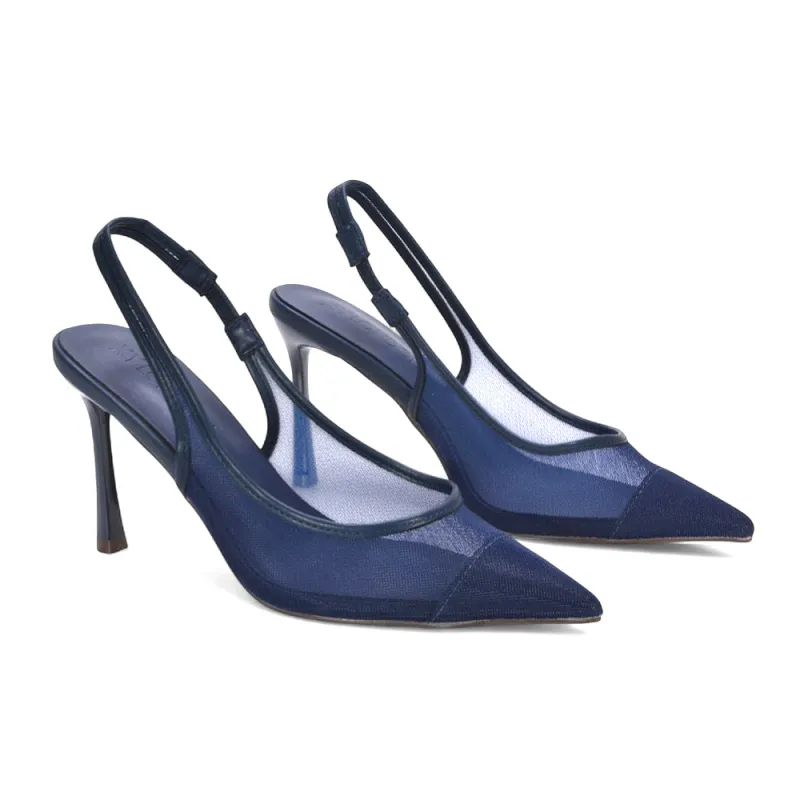 Maeve Slingback Strap Mesh Pointed Toe Stiletto High Heel Court Shoes in Navy sold by XYlondon