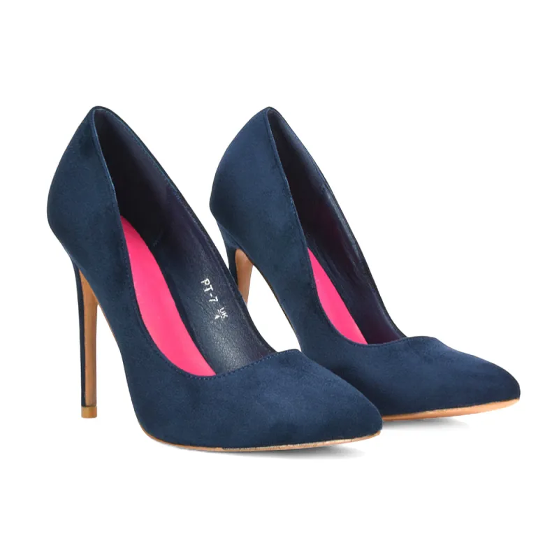 Lulu Pointed Toe Stiletto High Heel Elegant Classic Court Shoes in Navy Faux Suede sold by XYlondon