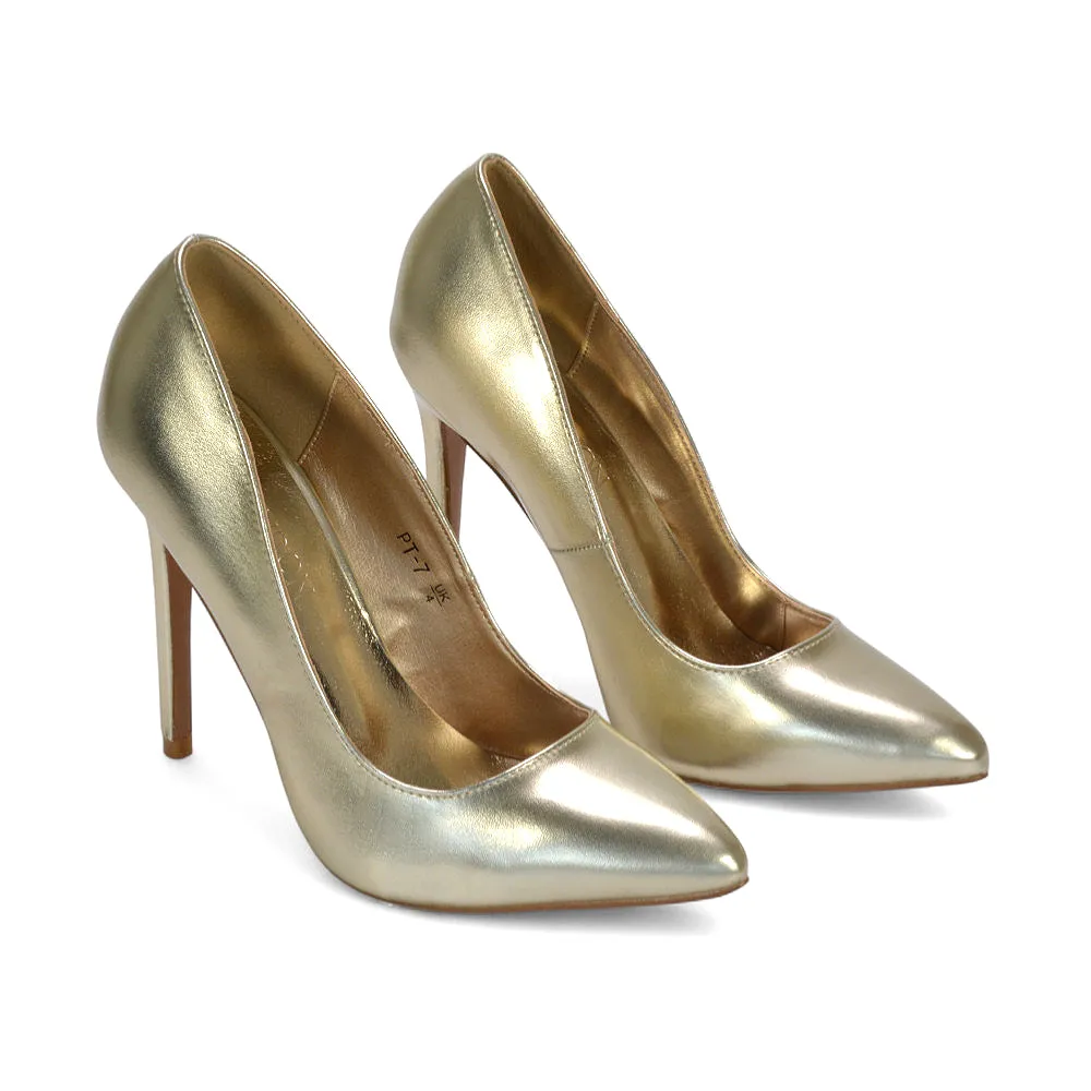 Lulu Pointed Toe Stiletto High Heel Elegant Classic Court Shoes in Gold Metallic sold by XYlondon product image thumbnail 5