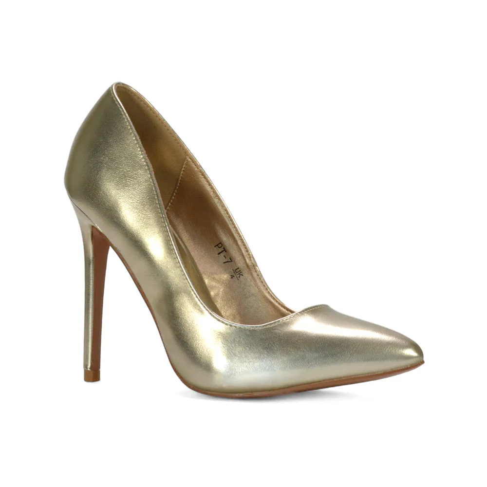 Lulu Pointed Toe Stiletto High Heel Elegant Classic Court Shoes in Gold Metallic sold by XYlondon product image thumbnail 3