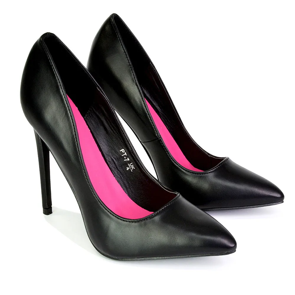 Lulu Pointed Toe Stiletto High Heel Elegant Classic Court Shoes in Black Synthetic Leather sold by XYlondon
