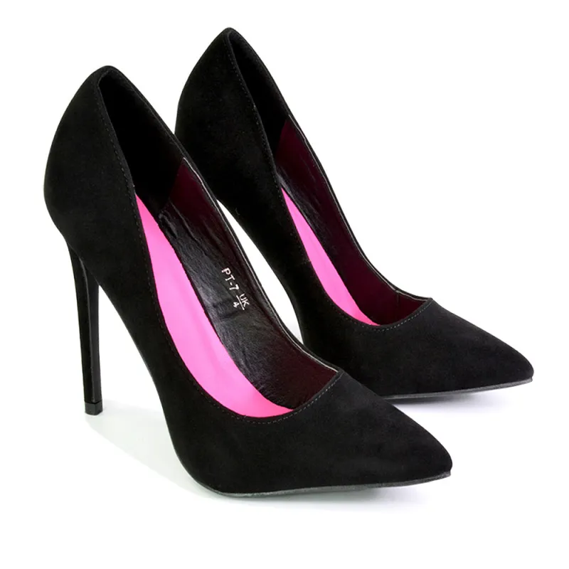 Lulu Pointed Toe Stiletto High Heel Elegant Classic Court Shoes in Black Faux Suede sold by XYlondon