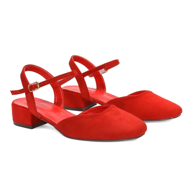 Alisia Ankle Strappy Low Block Heel Sandals Court Shoes in Red Faux Suede sold by XYlondon