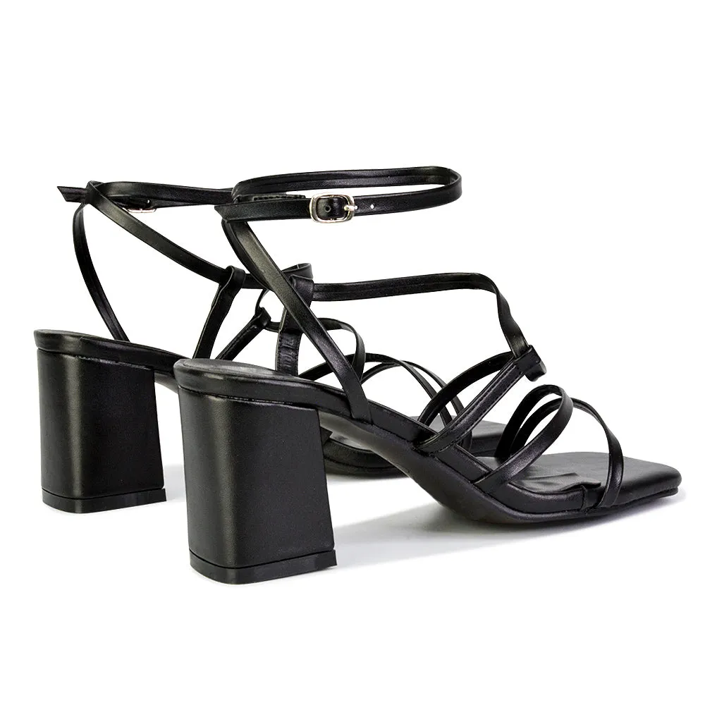 Jesy Ankle Strappy Cross Over Square Toe Mid-Block High Heel Sandals in Black sold by XYlondon product image thumbnail 2
