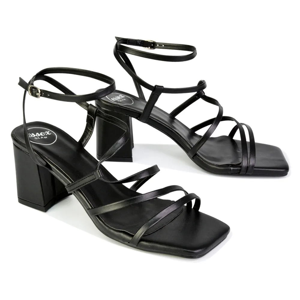 Jesy Ankle Strappy Cross Over Square Toe Mid-Block High Heel Sandals in Black sold by XYlondon product image thumbnail 4