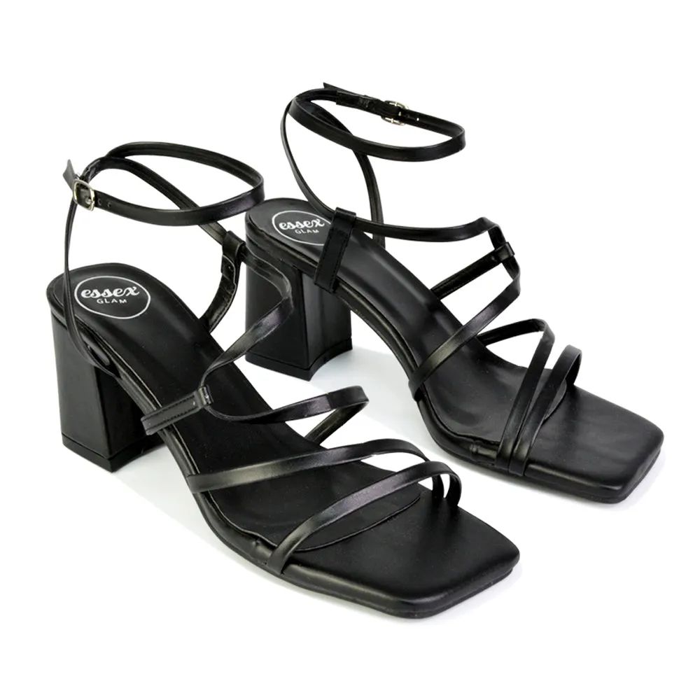 Jesy Ankle Strappy Cross Over Square Toe Mid-Block High Heel Sandals in Black sold by XYlondon