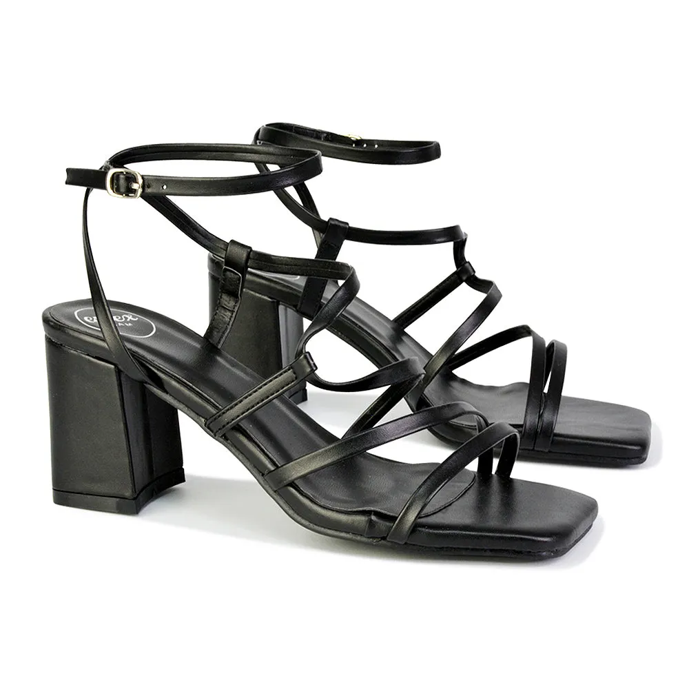 Jesy Ankle Strappy Cross Over Square Toe Mid-Block High Heel Sandals in Black sold by XYlondon product image thumbnail 5