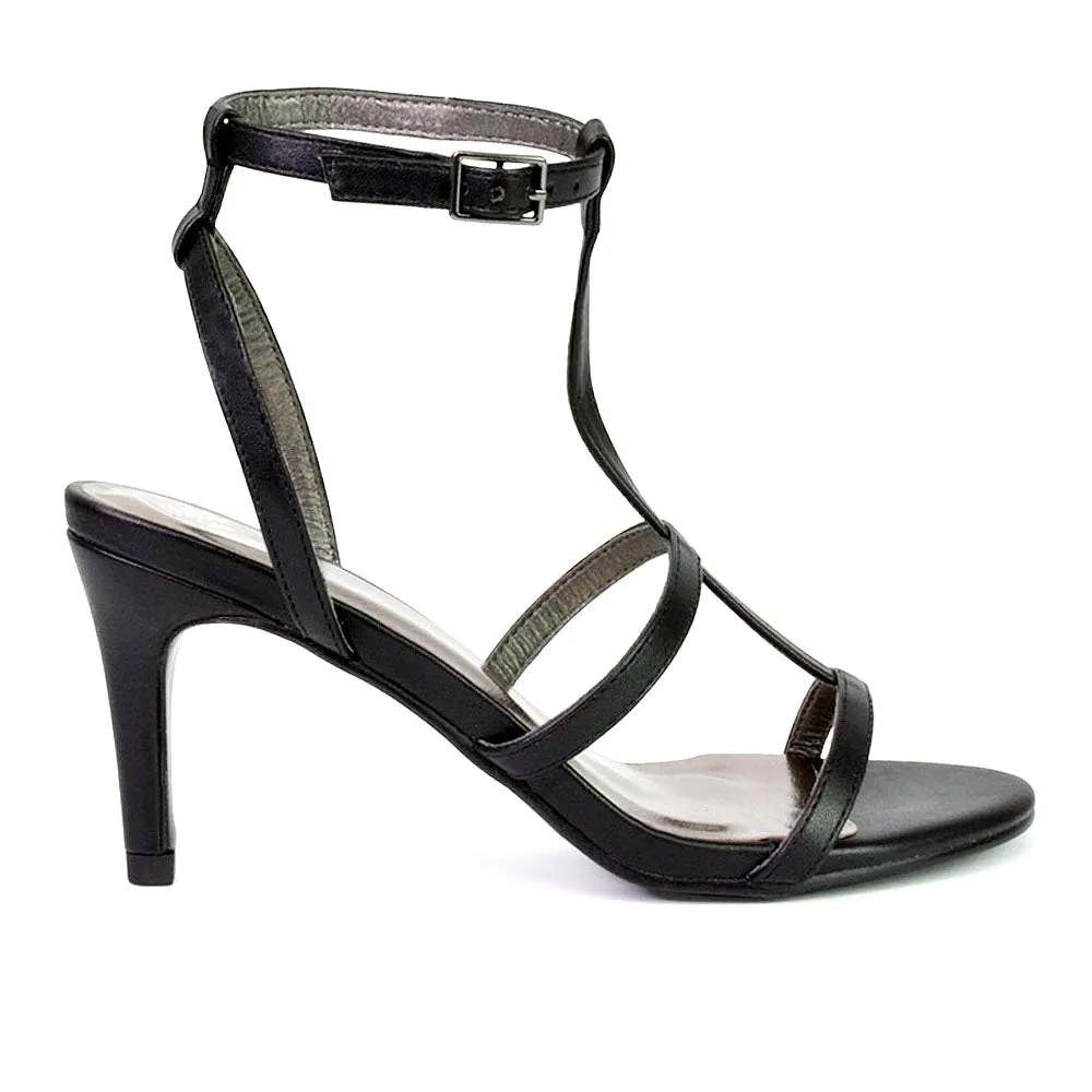 Beaux Caged Cut Out Detail Mid High Heel Stiletto Ankle Strappy Sandals in Black sold by XYlondon product image thumbnail 3