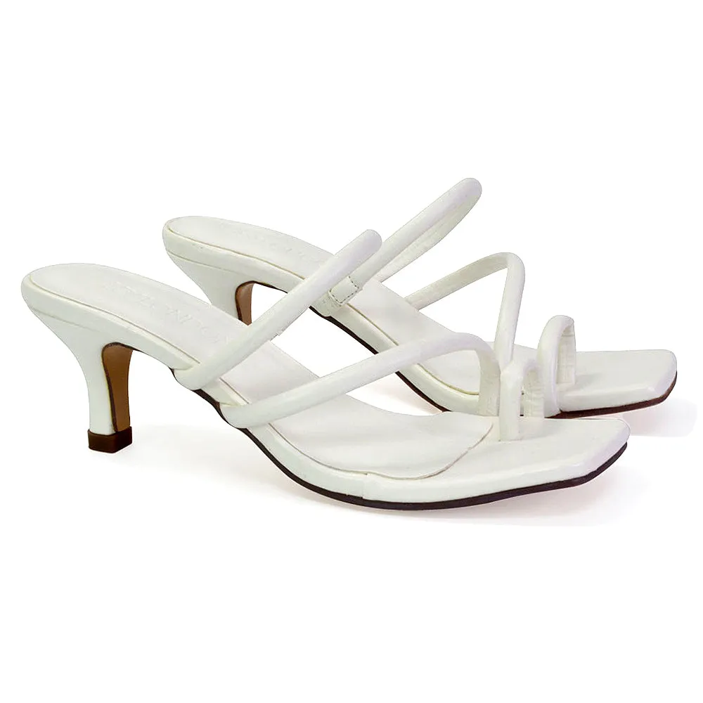 Prancy Toe Post Ring Strappy Square Toe Slip on Kitten Heel Mule Sandals in White sold by XYlondon product image thumbnail 4