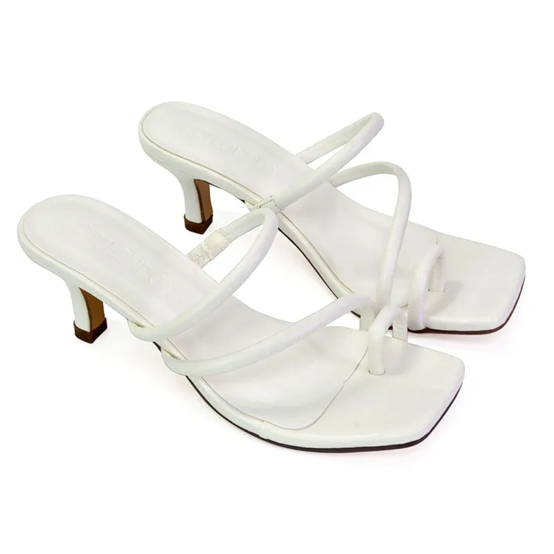 Prancy Toe Post Ring Strappy Square Toe Slip on Kitten Heel Mule Sandals in White sold by XYlondon