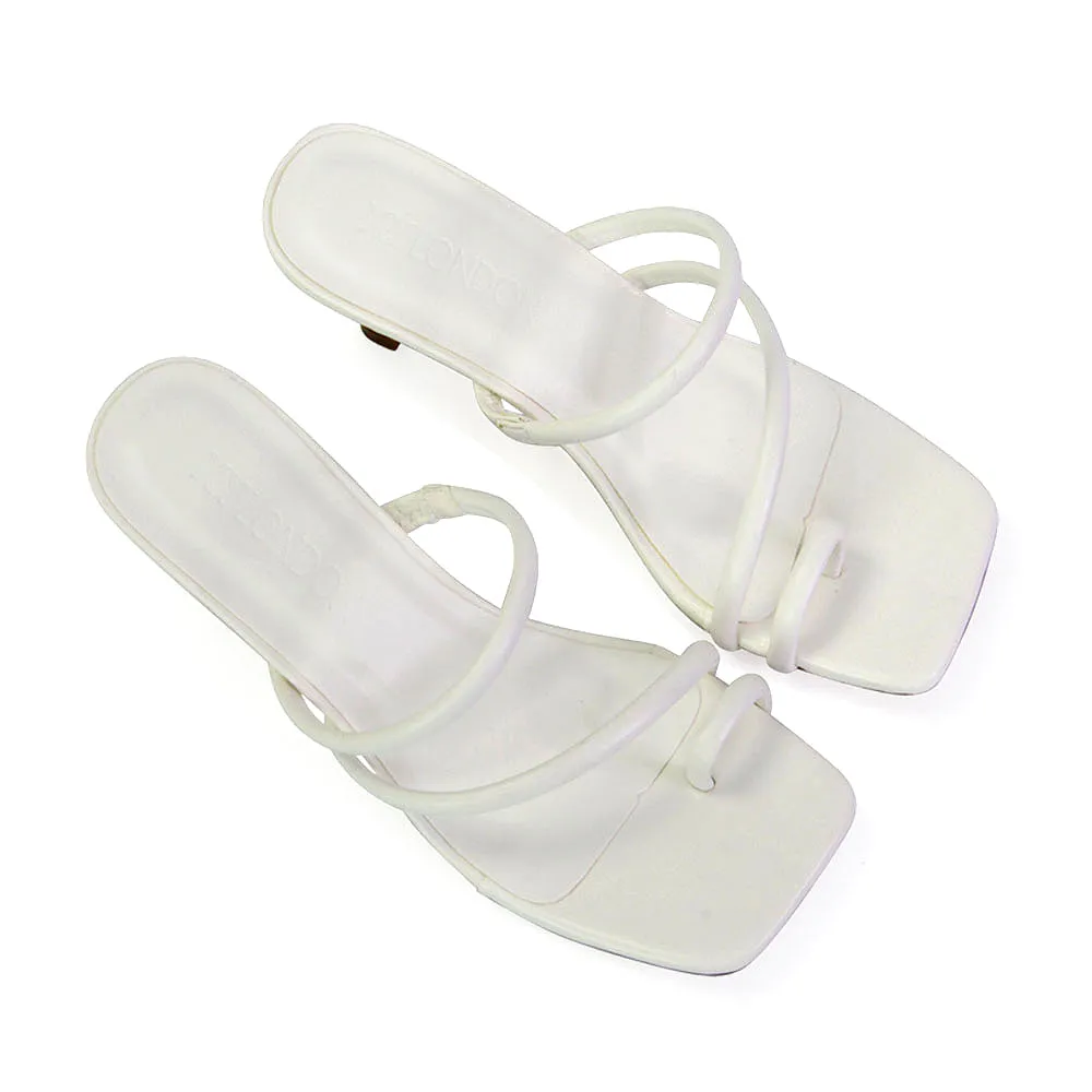 Prancy Toe Post Ring Strappy Square Toe Slip on Kitten Heel Mule Sandals in White sold by XYlondon product image thumbnail 2