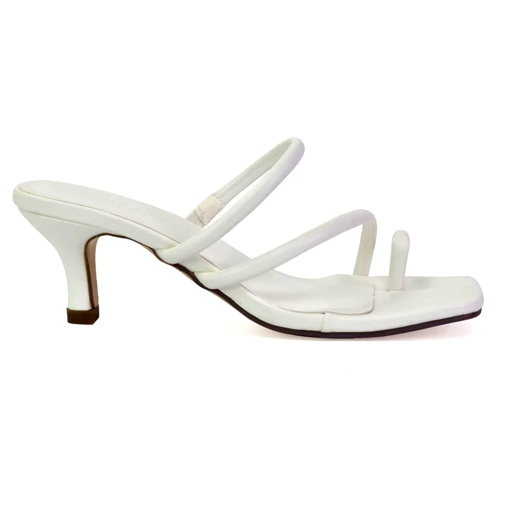 Prancy Toe Post Ring Strappy Square Toe Slip on Kitten Heel Mule Sandals in White sold by XYlondon product image thumbnail 3