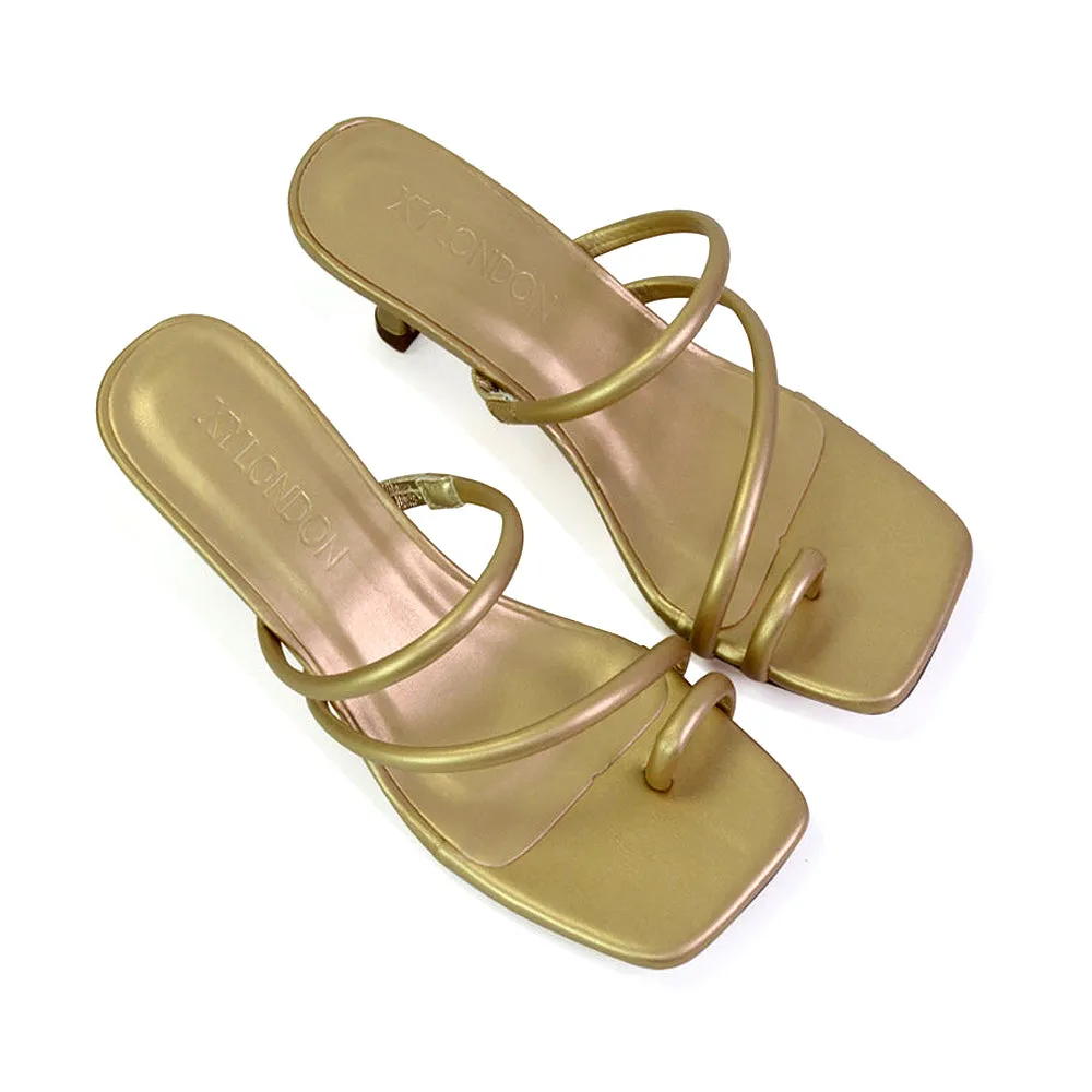 Prancy Toe Post Ring Strappy Square Toe Slip on Kitten Heel Mule Sandals in Gold sold by XYlondon product image thumbnail 2