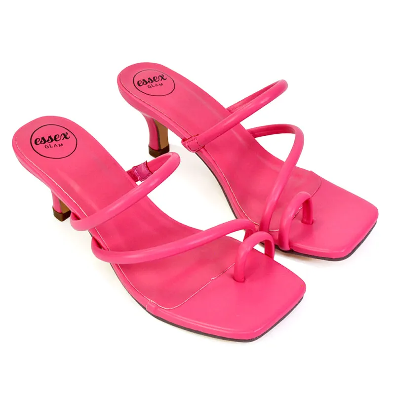 Prancy Toe Post Ring Strappy Square Toe Slip on Kitten Heel Mule Sandals in Fuchsia sold by XYlondon
