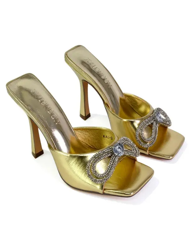 Elsa Diamante Bow Square Toe Stiletto High Heeled Mule Sandals in Gold sold by XYlondon
