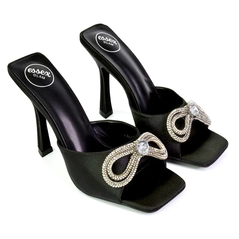 Elsa Diamante Bow Square Toe Stiletto High Heeled Mule Sandals in Black sold by XYlondon