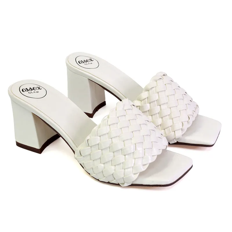 Aries Slip On Low Block Heel Sandals Square Toe Woven Mules In White sold by XYlondon