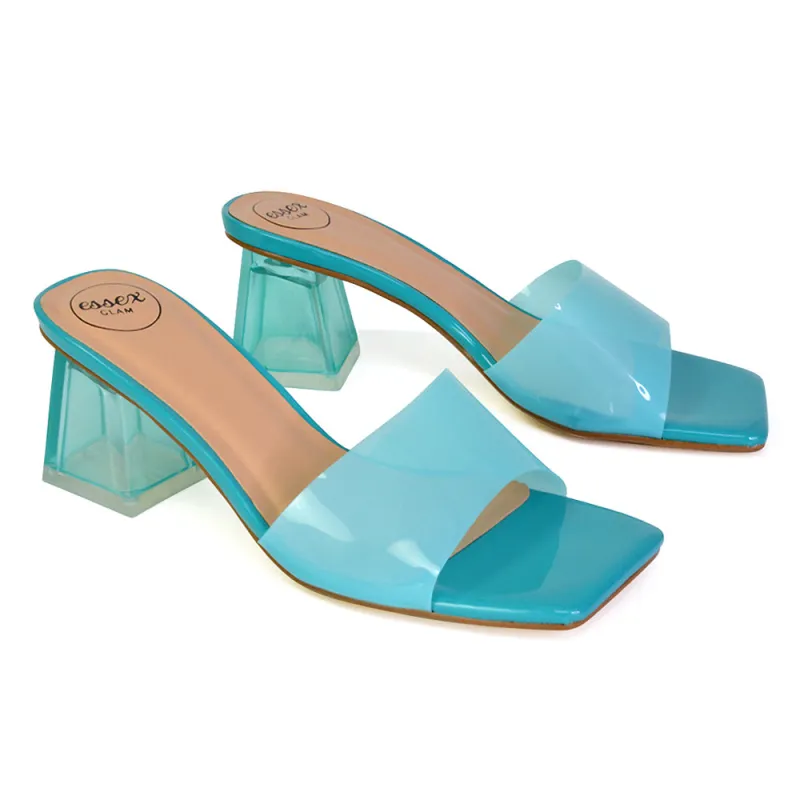 Strawberry Perspex Strappy Square Toe Clear Block Heel Mules in Blue sold by XYlondon