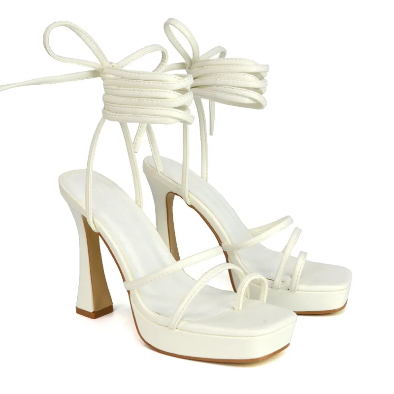 Melrose Toe Post Lace Up Straps Square Toe Platform High Heel in White Synthetic Leather sold by XYlondon
