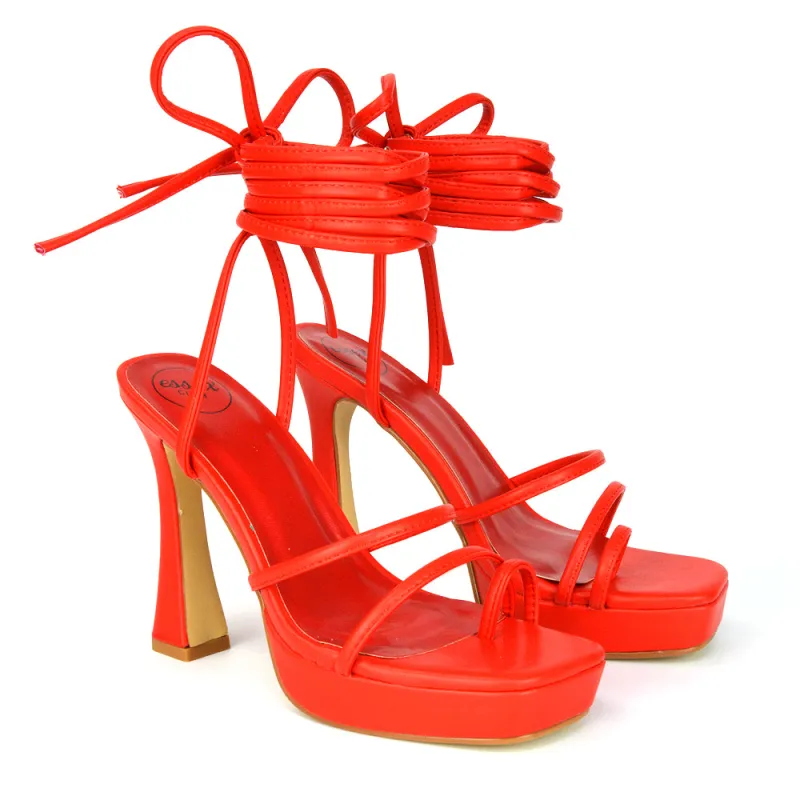 Melrose Toe Post Lace Up Straps Square Toe Platform High Heel in Red Synthetic Leather sold by XYlondon