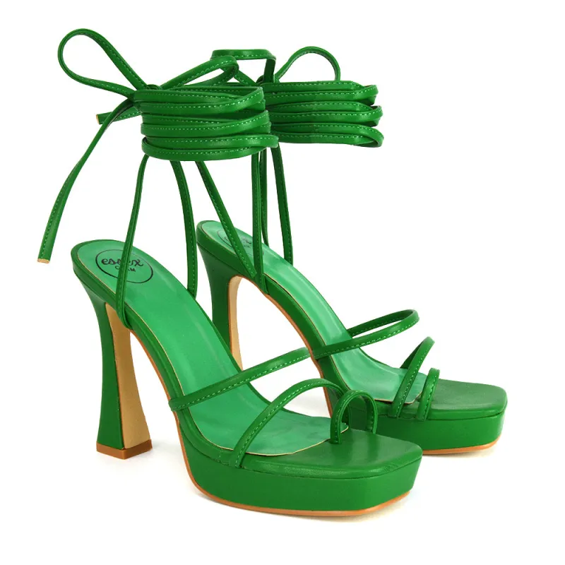 Melrose Toe Post Lace Up Straps Square Toe Platform High Heel in Green Synthetic Leather sold by XYlondon