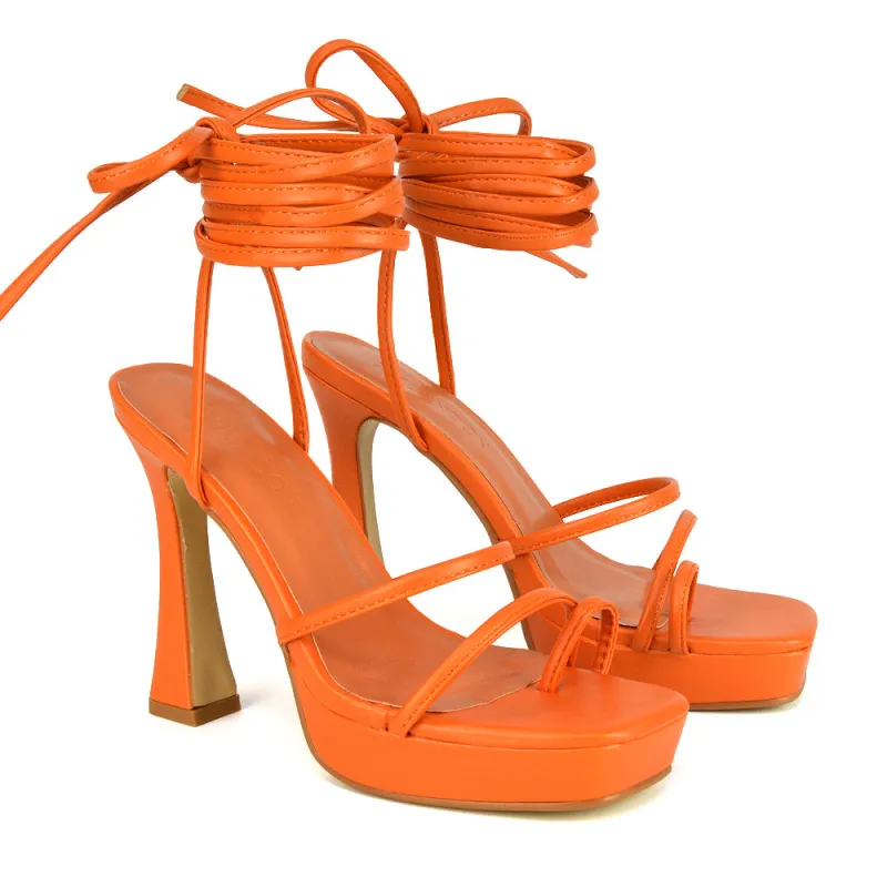 Melrose Toe Post Lace Up Straps Square Toe Platform High Heel in Orange Synthetic Leather sold by XYlondon