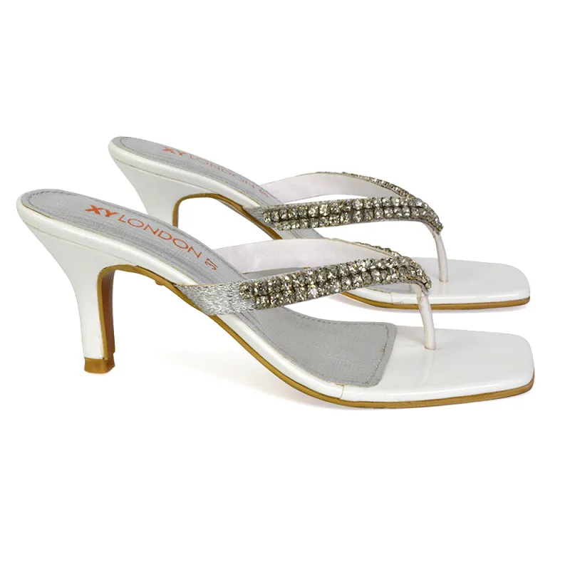Lynn Square Toe Post Embellished Diamante Strappy Kitten Heel Mule Sandals in White sold by XYlondon