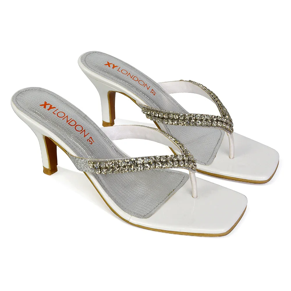 Lynn Square Toe Post Embellished Diamante Strappy Kitten Heel Mule Sandals in White sold by XYlondon product image thumbnail 2