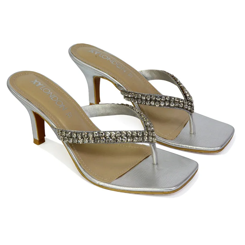 Lynn Square Toe Post Embellished Diamante Strappy Kitten Heel Mule Sandals in Silver sold by XYlondon