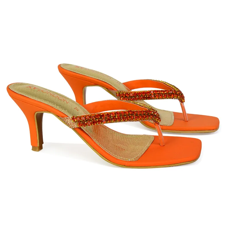 Lynn Square Toe Post Embellished Diamante Strappy Kitten Heel Mule Sandals in Orange sold by XYlondon