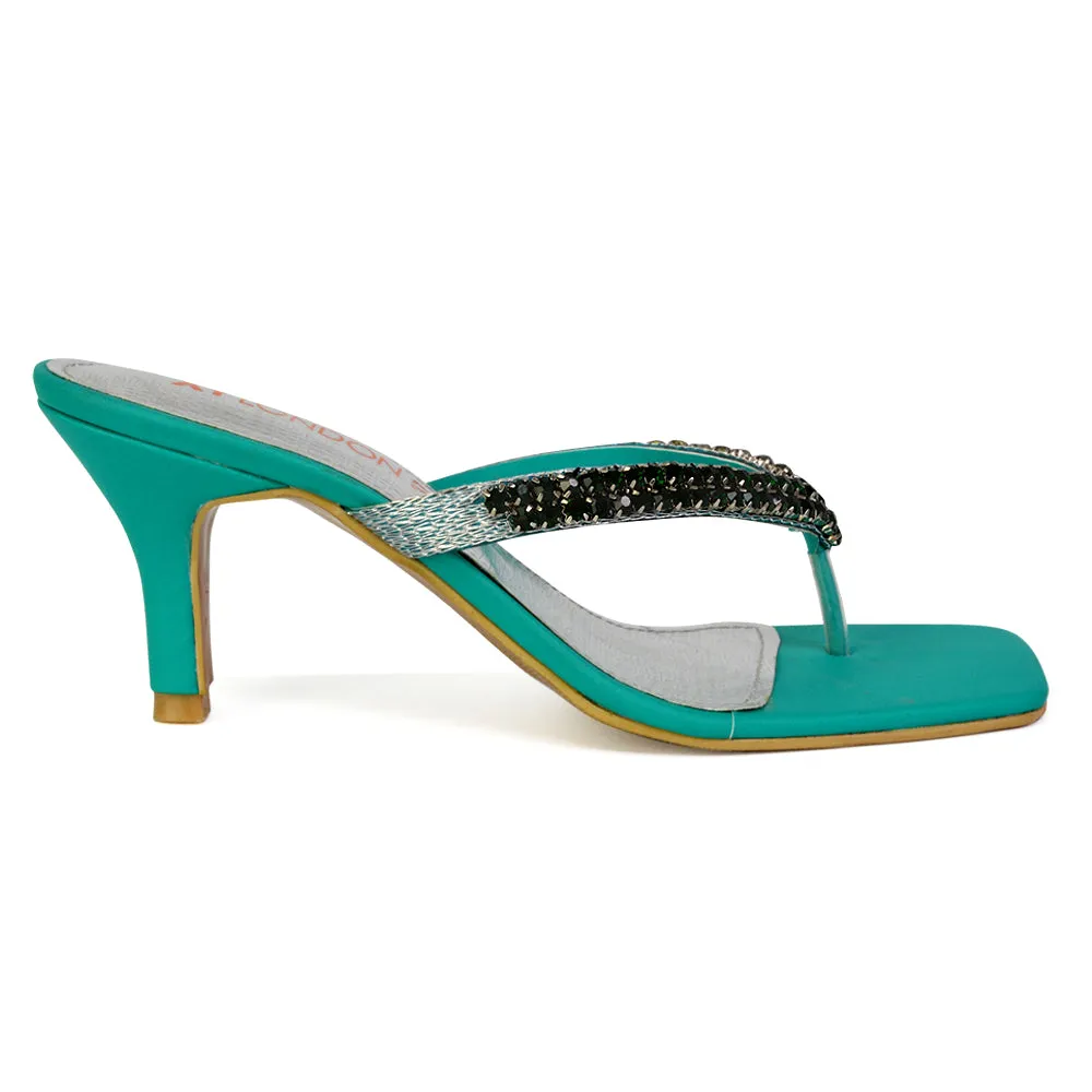 Lynn Square Toe Post Embellished Diamante Strappy Kitten Heel Mule Sandals in Green sold by XYlondon product image thumbnail 3