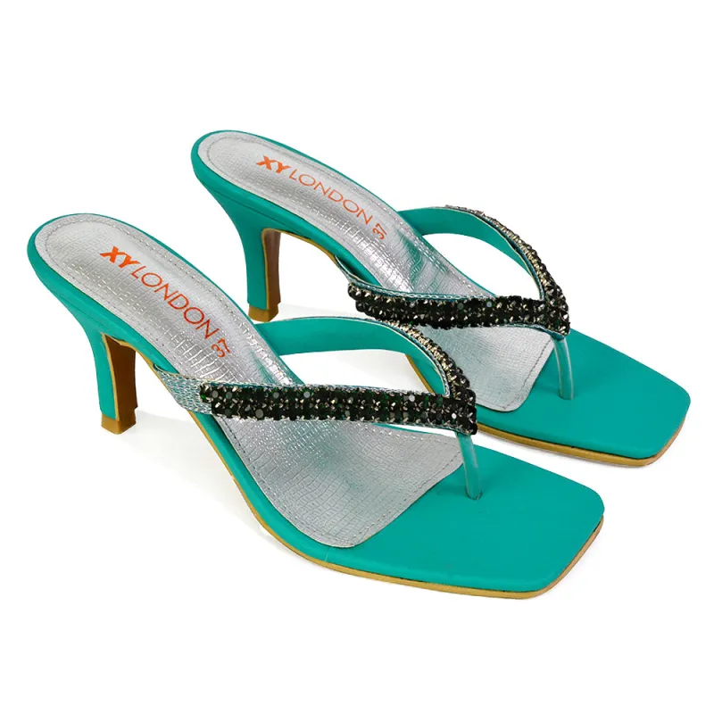 Lynn Square Toe Post Embellished Diamante Strappy Kitten Heel Mule Sandals in Green sold by XYlondon