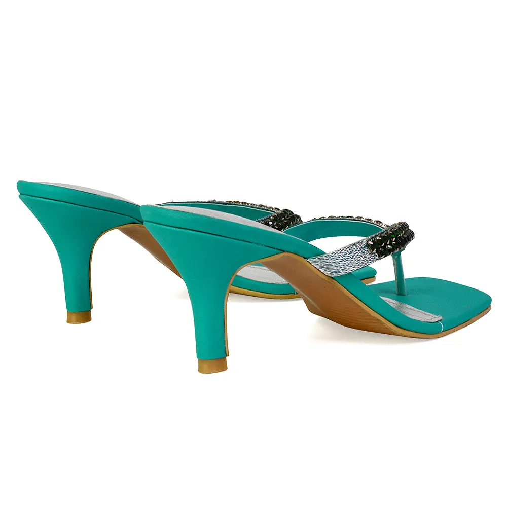 Lynn Square Toe Post Embellished Diamante Strappy Kitten Heel Mule Sandals in Green sold by XYlondon product image thumbnail 4