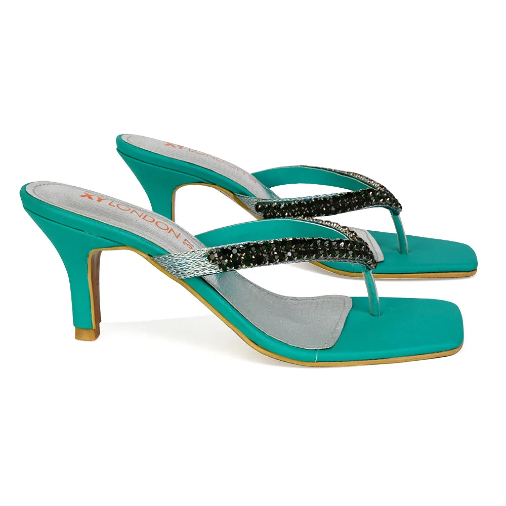 Lynn Square Toe Post Embellished Diamante Strappy Kitten Heel Mule Sandals in Green sold by XYlondon product image thumbnail 5