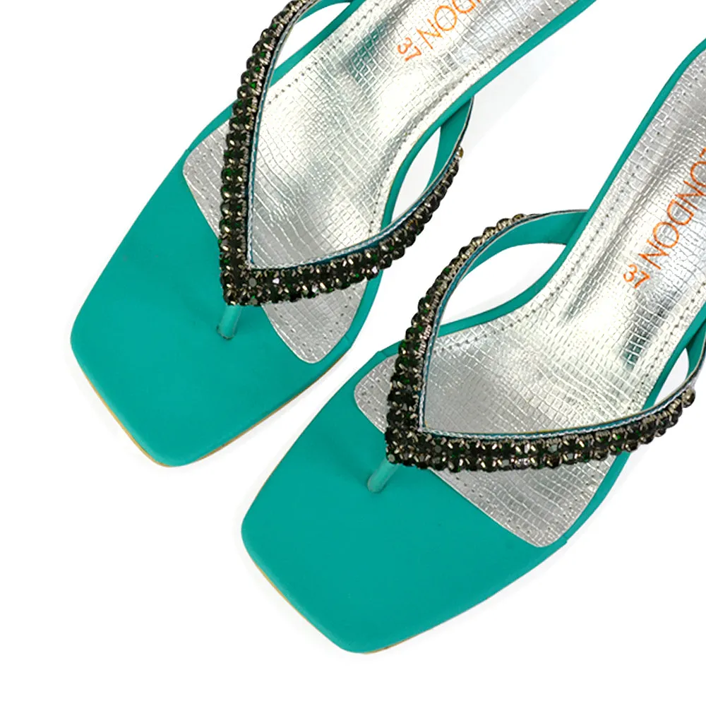 Lynn Square Toe Post Embellished Diamante Strappy Kitten Heel Mule Sandals in Green sold by XYlondon product image thumbnail 2
