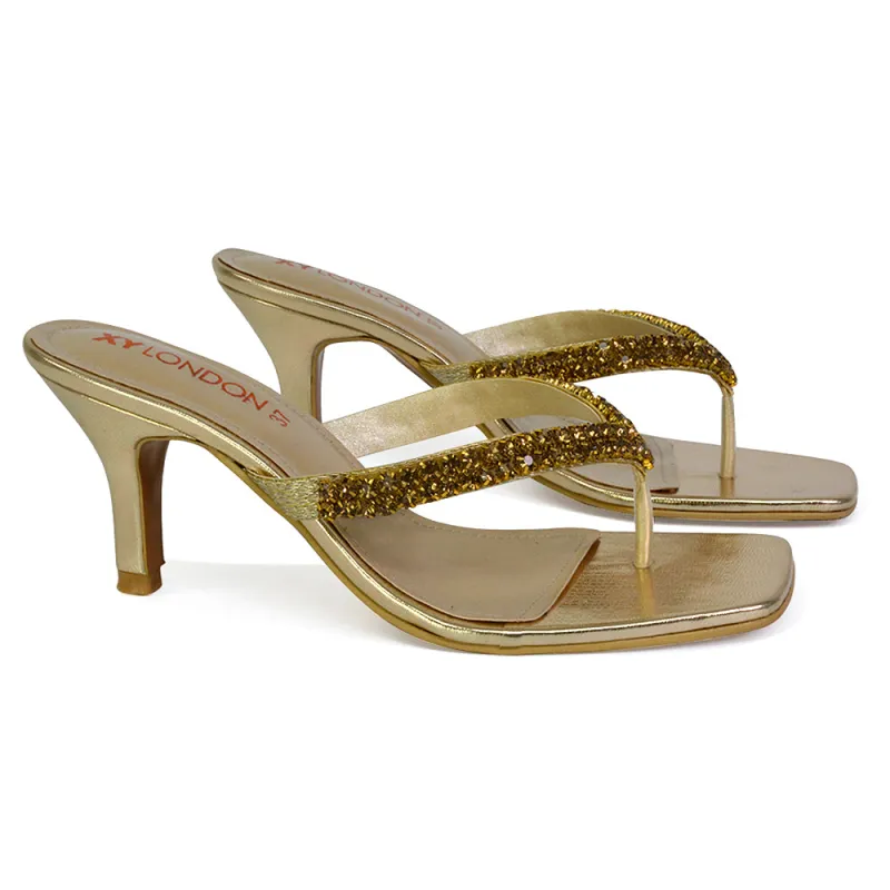 Lynn Square Toe Post Embellished Diamante Strappy Kitten Heel Mule Sandals in Gold sold by XYlondon