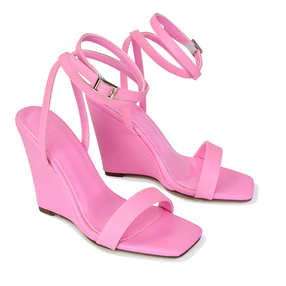 Collins Strappy Ankle Strap Wedge High Heels Square Toe Shoes in Pink sold by XYlondon