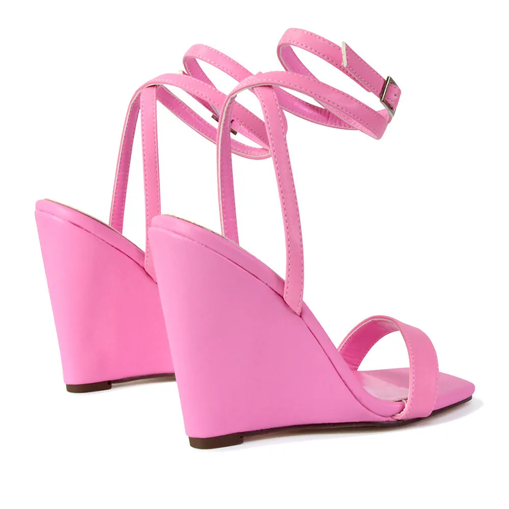 Collins Strappy Ankle Strap Wedge High Heels Square Toe Shoes in Pink sold by XYlondon product image thumbnail 4