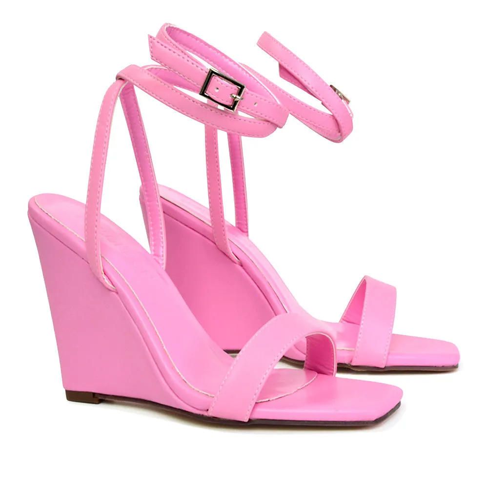 Collins Strappy Ankle Strap Wedge High Heels Square Toe Shoes in Pink sold by XYlondon product image thumbnail 3